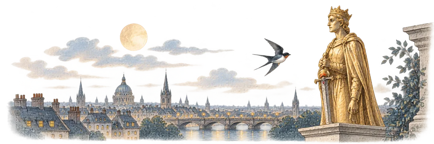 The Happy Prince by Oscar Wilde — watercolor illustration of the golden Happy Prince statue and a swallow overlooking a moonlit city.