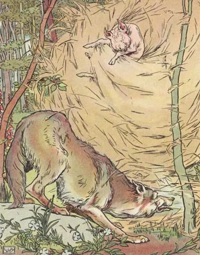 A classic storybook illustration depicting a big bad wolf blowing at a small pig hiding inside a house made of straw.