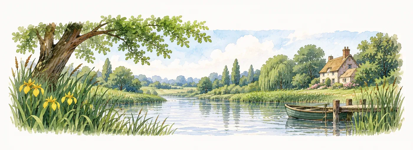 Watercolor illustration of a peaceful river landscape with yellow irises, leafy trees, a wooden dock, and a cottage.
